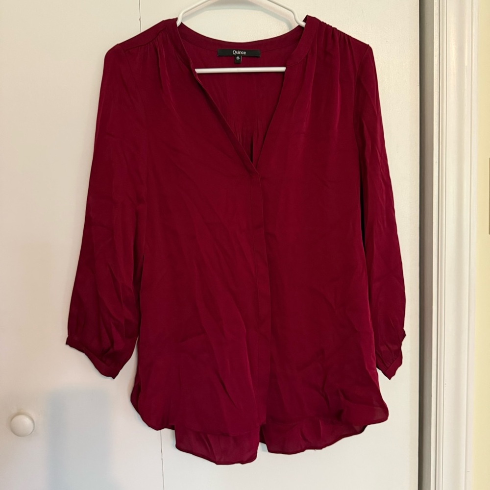 Quince Washable Stretch Silk Notch V Neck Blouse Size Small